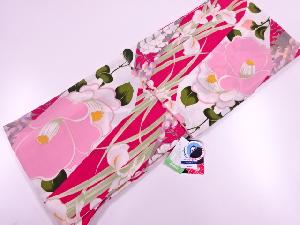 新品　ブランド浴衣　女性　和風館　変わり織　椿に菖蒲・藤模様浴衣（フリーサイズ）（日本製）（桃・赤紫）